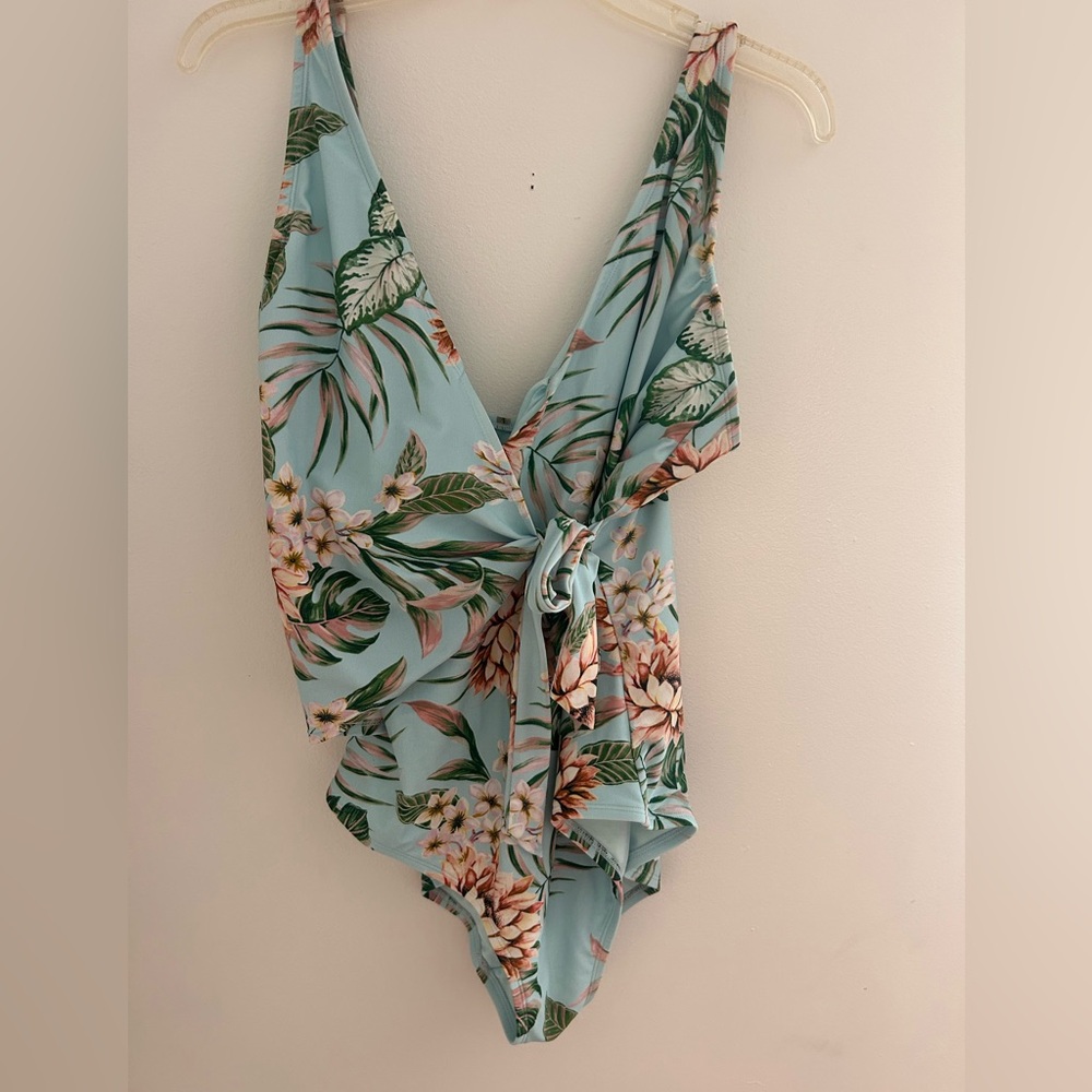 Kona Sol Tropical Floral Light Blue Wrap-Front Kids One-Piece